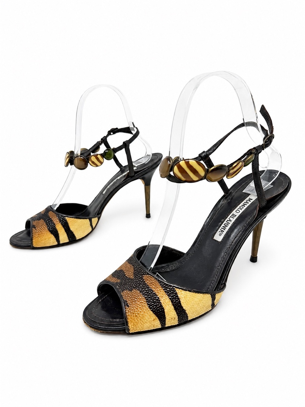 Manolo Blahnik Stingray Leather Tiger Print Slingback Heels Womens Size EU 38